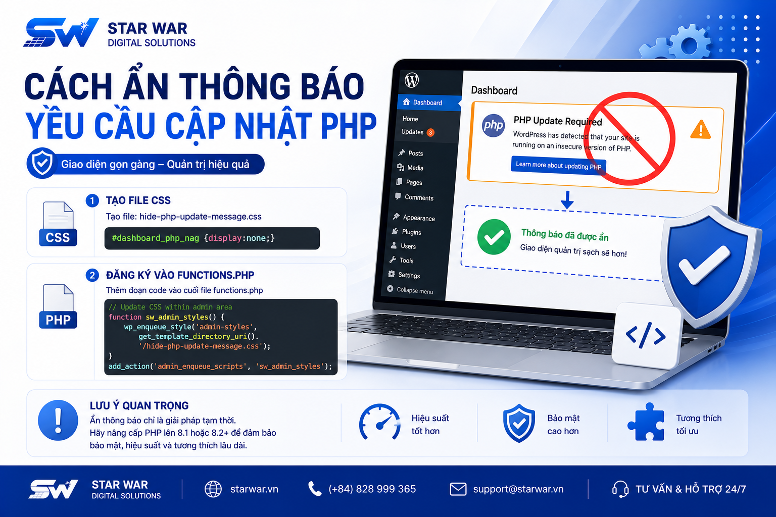 Cách ẩn thông báo yêu cầu update PHP trên WordPress