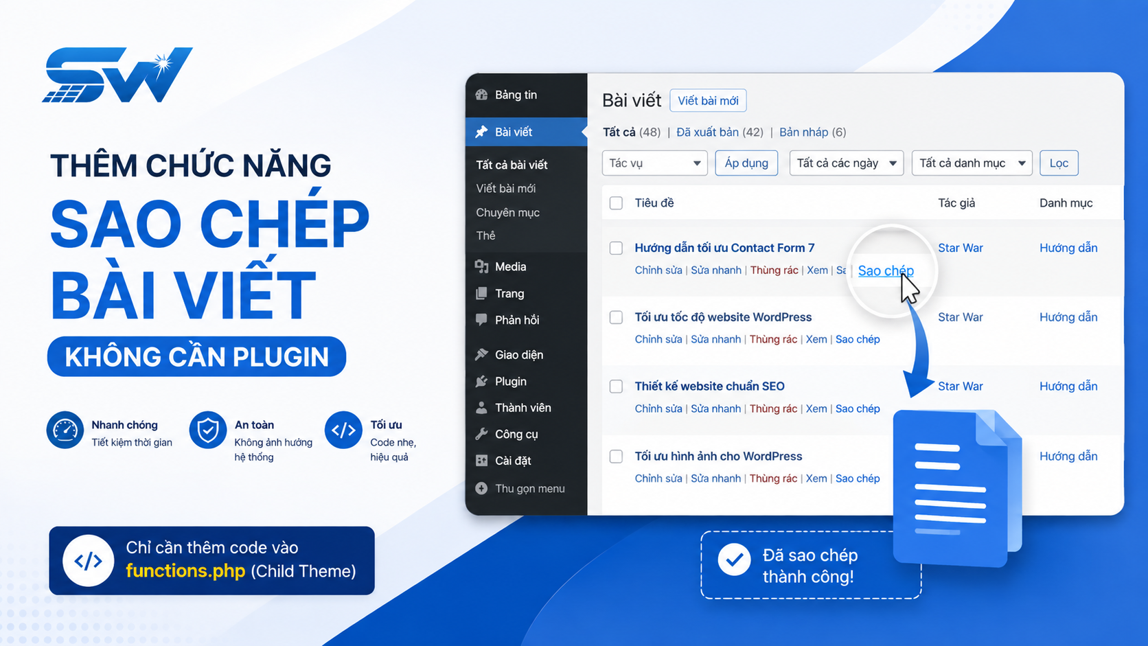 Sao chép bài viết trong WordPress không cần Plugin