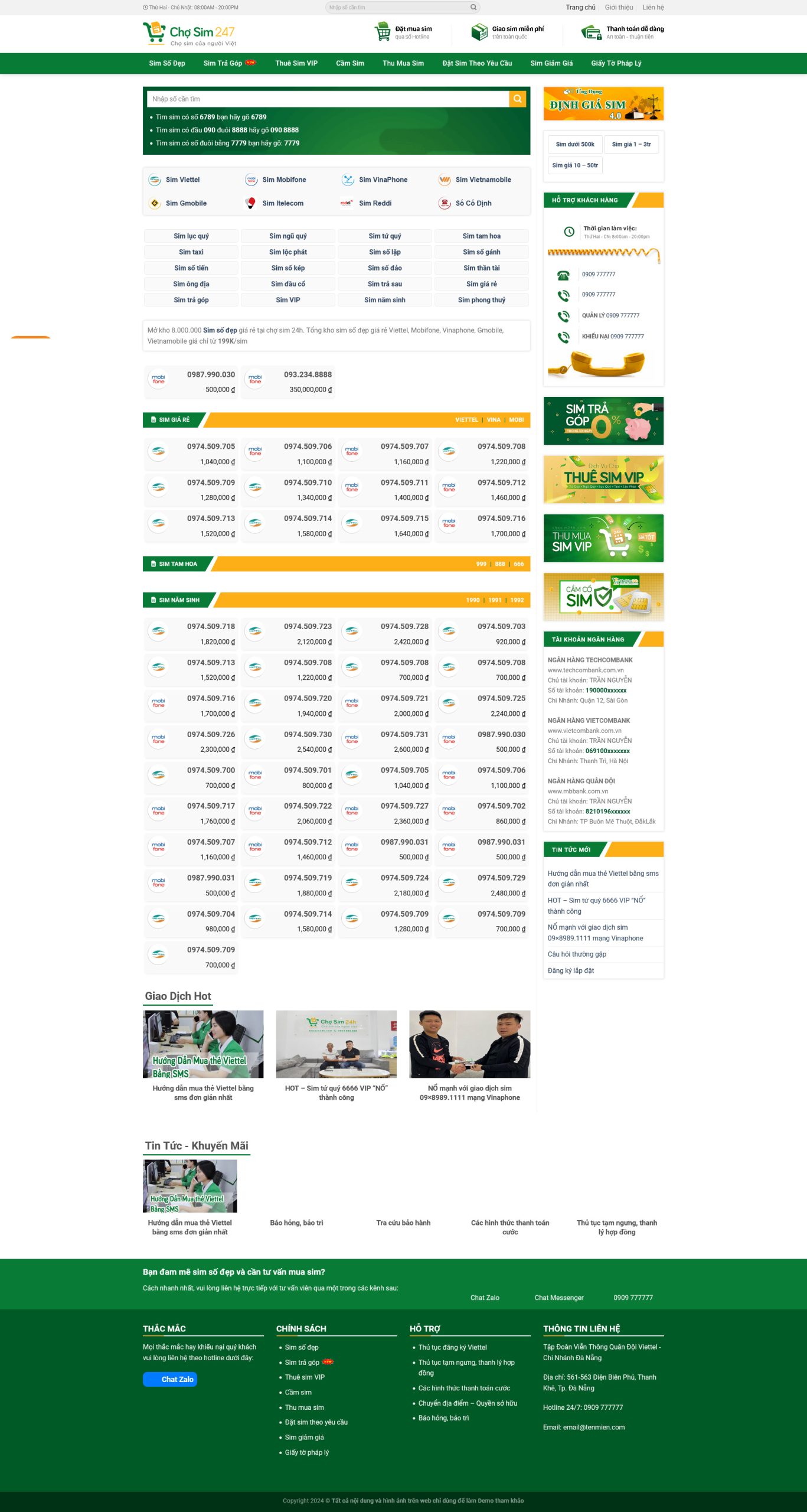 Giao diện Website Chợ Sim Số Đẹp, Đại Lý Sim Thẻ